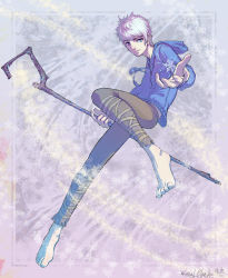 Rule 34 | 1boy, barefoot, blue eyes, closed mouth, full body, highres, hood, hoodie, jack frost (rise of the guardians), long sleeves, looking at viewer, male focus, pants, rise of the guardians, short hair, snow, solo, weapon, white hair