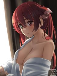 Rule 34 | 1girl, 2021, 7mdigital, absurdres, backlighting, breasts, cleavage, closed mouth, collarbone, curtains, heterochromia, highres, hololive, houshou marine, indoors, long hair, medium breasts, naked shirt, off shoulder, open clothes, open shirt, red eyes, red hair, shirt, solo, twintails, virtual youtuber, white shirt, yellow eyes