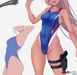 Rule 34 | 1girl, :d, armpits, arms note, blue one-piece swimsuit, breasts, character request, commentary request, competition swimsuit, covered navel, cowboy shot, curvy, dark skin, fang, female focus, fukai ryosuke, grey background, hair ornament, hairclip, hand up, head out of frame, holster, light brown hair, long hair, medium breasts, one-piece swimsuit, open mouth, simple background, smile, swimming club kouhai (fukai ryousuke), swimsuit, thigh holster, thighs