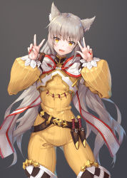 Rule 34 | 1girl, animal ears, bad id, bad pixiv id, bodysuit, cat ears, gloves, highres, long hair, looking at viewer, nia (xenoblade), nintendo, open mouth, ribbon, silver hair, simple background, smile, solo, spoilers, thighs, v, xenoblade chronicles (series), xenoblade chronicles 2, xi zhujia de rbq, yellow eyes