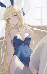 Rule 34 | 1girl, animal ears, bare shoulders, blonde hair, blue archive, blue eyes, blue leotard, blush, braid, breasts, cleavage, closed mouth, commentary, covered navel, curtains, fake animal ears, highres, leotard, long hair, looking at viewer, medium breasts, official alternate costume, pray (furei), rabbit ears, sitting, solo, thighhighs, thighs, toki (blue archive), toki (bunny) (blue archive), very long hair, white thighhighs, window