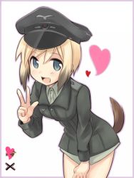 Rule 34 | 1girl, :d, blonde hair, blue eyes, bob cut, brown hair, dachshund, dog tail, erica hartmann, gradient hair, hat, heart, kinosaki (green patio), military, military uniform, multicolored hair, open mouth, peaked cap, short hair, simple background, smile, solo, strike witches, tail, uniform, v, world witches series