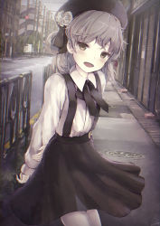 Rule 34 | 1girl, :d, arms behind back, beret, black hat, black ribbon, blush, brown eyes, brown hair, brown skirt, building, collared shirt, commentary request, fangs, flower, hair bun, hat, hatoba tsugu, highres, long sleeves, looking at viewer, manhole cover, missile228, mole, mole under eye, open mouth, outdoors, pantyhose, power lines, ribbon, road, rose, shirt, single hair bun, skirt, smile, solo, street, suspender skirt, suspenders, town, utility pole, virtual youtuber, white flower, white pantyhose, white rose, white shirt