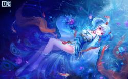 Rule 34 | 1girl, afloat, barefoot, blue hair, choker, d-zhai, fingernails, fish, floating, flower, hair ornament, highres, long fingernails, long hair, medal, nail polish, original, peacock feathers, petals, red eyes, shawl, solo, submerged, twintails, water, wet