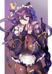 Rule 34 | 1girl, absurdres, animal ear fluff, animal ears, apron, black gloves, bodystocking, braid, braided ponytail, breasts, cat ears, cleavage, colive, commentary request, flower, gloves, hair flower, hair ornament, heterochromia, highres, huge breasts, korean commentary, last origin, licking lips, maid apron, maid headdress, mole, mole on breast, mole under mouth, necktie, orange eyes, poi (last origin), purple eyes, purple hair, see-through, short necktie, silhouette, solo, tongue, tongue out, twintails