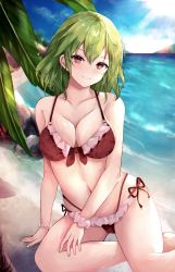 Rule 34 | 1girl, bad id, bad twitter id, beach, bikini, breasts, cleavage, closed mouth, collarbone, frilled bikini, frills, green hair, green nails, highres, hill, kazami yuuka, landscape, large breasts, leaf, looking at viewer, nail polish, navel, orchid (orukido), red bikini, red eyes, rock, short hair, sitting, smile, solo, swimsuit, touhou
