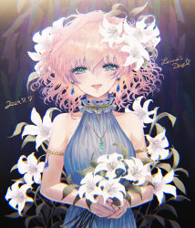 Rule 34 | 1girl, blush, character name, dated, earrings, final fantasy, final fantasy v, flower, green eyes, hair between eyes, hair flower, hair ornament, jewelry, lenna charlotte tycoon, looking at viewer, open mouth, petals, pink hair, short hair, solo, sweater, takatora, turtleneck, turtleneck sweater