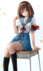 Rule 34 | 1girl, adjusting hair, arm support, armband, black socks, blue sailor collar, blue skirt, blush, bob cut, bow, bowtie, breasts, brown eyes, brown hair, commentary, desk, feet out of frame, hairband, hand on own shoulder, head tilt, highres, kita high school uniform, kneehighs, looking at viewer, medium breasts, napo8593, on desk, red bow, red bowtie, red ribbon, ribbon, sailor collar, school desk, school uniform, serafuku, shirt, short hair, short sleeves, sitting, skirt, socks, solo, suzumiya haruhi, suzumiya haruhi no yuuutsu, translated, white background, white shirt, yellow hairband