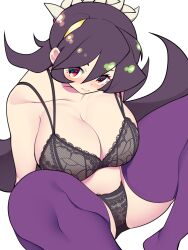 Rule 34 | 1girl, bellupup, black hair, bra, breasts, cleavage, collarbone, filia (skullgirls), highres, lace, lace-trimmed bra, lace-trimmed panties, lace trim, large breasts, long hair, looking to the side, panties, purple hair, red eyes, sitting, skullgirls, solo, spread legs, thick thighs, thighhighs, thighs, underwear, upskirt, white background