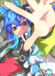 Rule 34 | 1girl, @ @, ahoge, animal ears, arm up, blue eyes, blue hair, blurry, blurry background, breath, commentary request, crossed bangs, depth of field, drawer, ear covers, foreshortening, from above, grass, grin, hair between eyes, heterochromia, highres, horse ears, long hair, looking at viewer, looking up, lying, multicolored hair, on back, on grass, on ground, parted lips, purple eyes, reaching, reaching towards viewer, sharp teeth, sidelocks, smile, solo, stuffed toy, teeth, thin (suzuneya), twin turbo (umamusume), twintails, umamusume, upper body