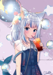 Rule 34 | 1girl, animal ears, bag, belt, blunt bangs, bubble, bubble tea, cat ears, collarbone, commentary, cup, drinking, drinking glass, drinking straw, drinking straw in mouth, fins, fish tail, gawr gura, gawr gura (casual), grey eyes, handbag, holding, holding cup, hololive, hololive english, kemonomimi mode, long hair, looking at viewer, m ko (maxft2), multicolored hair, ponytail, shark tail, short sleeves, sidelocks, solo, streaked hair, suspenders, tail, two-tone hair, virtual youtuber, white hair