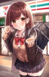 Rule 34 | 1girl, absurdres, black bag, black skirt, black thighhighs, blurry, blurry background, blush, breasts, brown eyes, brown hair, collarbone, commentary request, food, highres, holding, holding food, long hair, long sleeves, looking at viewer, medium breasts, original, outdoors, parum39, school uniform, shirt, skirt, solo, thighhighs, white shirt