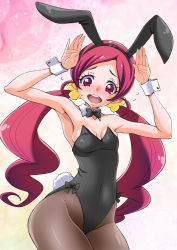 Rule 34 | 1girl, animal ears, ass, black leotard, bow, bowtie, breasts, commentary request, covered navel, cowboy shot, detached collar, embarrassed, eunos, fake animal ears, female focus, flying sweatdrops, hanasaki tsubomi, heartcatch precure!, highres, leotard, long hair, looking at viewer, low twintails, open mouth, pantyhose, pink eyes, pink hair, playboy bunny, precure, rabbit ears, rabbit girl, rabbit pose, rabbit tail, round teeth, small breasts, solo, strapless, strapless leotard, sweat, tail, teeth, twintails, upper teeth only, wrist cuffs