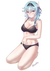 Rule 34 | 1girl, absurdres, bare arms, bare legs, bare shoulders, barefoot, black bra, black hairband, black panties, blue hair, blush, bra, breasts, cleavage, collarbone, commentary, eula (genshin impact), genshin impact, hair between eyes, hair ornament, hairband, highres, kumapako, large breasts, looking at viewer, medium hair, panties, seiza, simple background, sitting, solo, stomach, thighs, underwear, underwear only, white background, yellow eyes