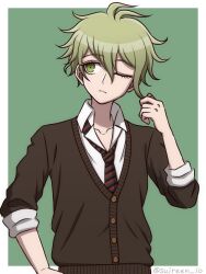 Rule 34 | 1boy, ;(, amami rantaro, border, brown sweater, collarbone, collared shirt, danganronpa (series), danganronpa v3: killing harmony, frown, green background, green hair, hair between eyes, hand up, looking to the side, male focus, necktie, official alternate costume, one eye closed, shirt, short hair, striped necktie, suiren yurei, sweater, white border, white shirt