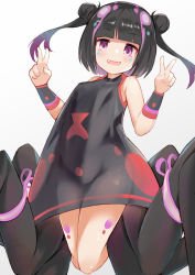 Rule 34 | 1girl, absurdres, arthropod limbs, bare shoulders, black dress, black hair, blush, breasts, character request, commentary request, copyright request, double bun, double v, dress, fangs, gradient background, grey background, hair bun, highres, kobi (piliheros2000), looking at viewer, multicolored hair, pink eyes, pink hair, pink ribbon, purple hair, red dress, ribbon, short hair, simple background, sleeveless, sleeveless dress, small breasts, solo, two-tone dress, v, white background