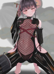 Rule 34 | 1girl, 403 oekaki suke, absurdres, black hair, black unitard, blunt bangs, bodystocking, breast curtains, breasts, bridal gauntlets, brown coat, cleavage, closed mouth, clothing cutout, coat, coat on shoulders, covered navel, feet, fishnet top, fishnets, frown, fur-trimmed coat, fur trim, goddess of victory: nikke, hair intakes, hair ornament, hair stick, hand up, highres, hip vent, holding, japanese clothes, large breasts, looking at viewer, official alternate costume, panties, red eyes, sakura (midnight stealth) (nikke), sakura (nikke), sandals, see-through, see-through cleavage, side-tie panties, single bare shoulder, skindentation, solo, squatting, standing, string panties, thigh gap, toenails, toes, underwear, unitard
