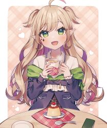 Rule 34 | 1girl, ahoge, blonde hair, commission, drink, facial mark, fangs, food, green eyes, hanasaki ayame (artist), highres, holding, holding drink, indie virtual youtuber, long hair, menil riche, open mouth, pointy ears, pudding, skeb commission, smile, solo, spoon, swept bangs, two side up