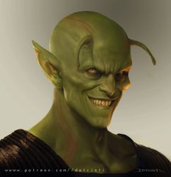 Rule 34 | 1boy, antennae, collarbone, colored skin, dragon ball, dragon ball (classic), evil grin, evil smile, gradient background, green skin, grin, highres, male focus, piccolo daimaou, pointy ears, portrait, realistic, sharp teeth, signature, smile, solo, teeth, tiago datrinti, watermark, web address, yellow eyes