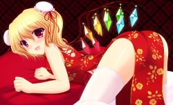 Rule 34 | 1girl, all fours, alternate costume, ass, bare shoulders, blonde hair, blush, china dress, chinese clothes, double bun, dress, flandre scarlet, highres, red eyes, shimotsuki keisuke, side ponytail, solo, thighs, touhou, white legwear, wings