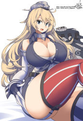 Rule 34 | 1girl, asymmetrical legwear, blonde hair, blue eyes, breasts, cleavage, commentary request, fingerless gloves, front-tie top, garter straps, gloves, headgear, iowa (kancolle), kantai collection, large breasts, looking at viewer, machinery, miniskirt, mismatched legwear, simple background, sitting, skirt, solo, star-shaped pupils, star (symbol), striped clothes, striped thighhighs, symbol-shaped pupils, thick thighs, thighhighs, thighs, umigarasu (kitsune1963), vertical-striped clothes, vertical-striped thighhighs, white background