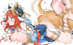 Rule 34 | 1boy, 1girl, ahegao, ass-to-ass, bestiality, blue eyes, blush, breasts, censored, cum, cum in pussy, daram (shappydude), dog, dog tail, doggystyle, fucked silly, genshin impact, harem outfit, heart, high heels, highres, in heat, knotting, large breasts, mosaic censoring, nilou (genshin impact), open mouth, prone bone, red hair, sex, sex from behind, sweat, tail, trembling, veil