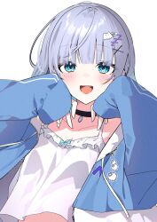Rule 34 | 1girl, :d, absurdres, amopui, black choker, blue eyes, blue hair, blue jacket, blush, choker, collarbone, colored inner hair, grey hair, hair ornament, hairclip, highres, jacket, kaga sumire, long bangs, long sleeves, looking at viewer, lupinus virtual games, multicolored hair, open clothes, open jacket, open mouth, shirt, sidelocks, simple background, sleeves past wrists, smile, solo, striped clothes, striped jacket, teeth, track jacket, upper body, upper teeth only, virtual youtuber, vspo!, white background, white shirt, wind, wind lift, x hair ornament