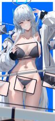 Rule 34 | 1girl, :/, absurdres, black bra, black panties, black pants, blue archive, blue background, bra, breasts, commentary, covering privates, formal, grey hair, halo, headgear, headphones, highres, jacket, josal, large breasts, long hair, looking at viewer, mechanical halo, navel, noa (blue archive), nude cover, panties, pants, purple eyes, seminar (blue archive), solo, suit, tablet pc, thighs, two-sided fabric, underwear, white jacket, white panties, white suit