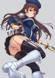 Rule 34 | absurdres, arms at sides, ass, beret, black thighhighs, blue dress, boots, bracer, breasts, brown eyes, brown hair, capelet, cowboy shot, cross-laced footwear, dress, earrings, fighting stance, from below, garter straps, glasses, hat, highres, holding, holding weapon, holster, jewelry, knee boots, knife, long hair, long sleeves, looking at viewer, maid, ninja, original, panties, pantyshot, platform footwear, pleated skirt, shoulder pads, skirt, solo, staff, thigh holster, thighhighs, toriatto gununu, underwear, weapon, white footwear, white panties