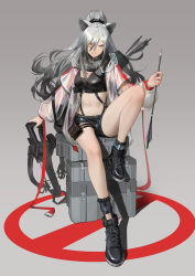 Rule 34 | &gt;:), 1girl, animal ears, ankle boots, arknights, arrow (projectile), bare legs, black footwear, black scarf, black shorts, boots, bow (weapon), box, breasts, cat ears, chinese commentary, commentary request, crop top, crossbow, grey background, hair between eyes, highres, holding, holding arrow, holding bow (weapon), holding crossbow, holding weapon, jacket, knee up, long hair, long sleeves, looking at viewer, medium breasts, midriff, navel, no symbol, open clothes, open jacket, pouch, quiver, scarf, schwarz (arknights), see-through, short shorts, shorts, silver hair, simple background, sitting, smile, solo, stomach, thigh strap, thighs, ttk (kirinottk), v-shaped eyebrows, weapon, yellow eyes