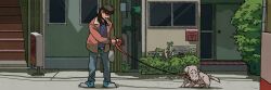 Rule 34 | 1boy, bag, black hair, black shirt, blue footwear, bomber jacket, brown jacket, bush, commentary request, day, dog, full body, grey pants, highres, inudori, itou kaiji, jacket, kaiji, leash, leash pull, long hair, looking at animal, male focus, open clothes, open jacket, open mouth, outdoors, pants, plastic bag, shirt, shoes, sign, solo, stairs, standing, tree