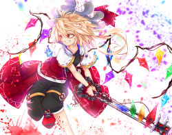 Rule 34 | 1girl, adapted costume, adapted weapon, belt, black pants, blonde hair, buckle, calpis118, capri pants, clenched teeth, collarbone, crystal, flandre scarlet, foot out of frame, grin, hair between eyes, hat, hat ribbon, highres, holding, holding sword, holding weapon, jewelry, keyblade, kingdom hearts, laevatein (touhou), looking to the side, mob cap, necklace, pants, red eyes, red ribbon, ribbon, ribbon-trimmed sleeves, ribbon trim, serious, shoes, short hair, short sleeves, smile, sneakers, solo, swept bangs, sword, teeth, touhou, weapon, white hat, wings