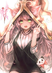 Rule 34 | 1girl, animal ears, bag, blush, green eyes, handbag, hat, highres, league of legends, long hair, looking at viewer, lulu (league of legends), open mouth, pix (league of legends), purple hair, shale, solo, strap slip, v, very long hair