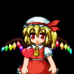 Rule 34 | 1girl, animated, animated gif, ascot, blonde hair, blood, collared shirt, commentary, crushing, crystal, fang, flandre scarlet, frilled sleeves, frills, hat, hat ribbon, heart, isu (is88), lowres, mob cap, one side up, pixel art, puffy short sleeves, puffy sleeves, red eyes, red skirt, red vest, ribbon, shirt, short hair, short sleeves, skirt, skirt set, smile, solo, spoken heart, touhou, transparent background, vest, white hat, wings, yellow ascot