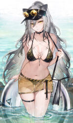 Rule 34 | 1girl, absurdres, alternate costume, arknights, bad id, bad twitter id, bare shoulders, bikini, black bikini, black choker, black hat, blush, breasts, choker, cleavage, collarbone, grey hair, hair between eyes, hat, highres, innertube, large breasts, long hair, looking at viewer, navel, outdoors, paid reward available, parted lips, partially submerged, ponytail, qiandaiyiyu, revision, schwarz (arknights), see-through, see-through skirt, skirt, solo, standing, stomach, swim ring, swimsuit, thigh gap, thigh strap, thighs, visor cap, water, yellow eyes, yellow skirt