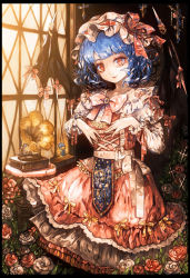 Rule 34 | 1girl, adapted costume, bad id, bad pixiv id, bat wings, blue hair, border, bow, character doll, cirno, dress, embellished costume, figure, flower, formal, frilled dress, frills, hands up, hat, head tilt, highres, indoors, looking at viewer, majamari, mob cap, no pupils, open mouth, phonograph, plant, record, red eyes, remilia scarlet, ribbon, rose, smile, solo, sunlight, touhou, window, wings