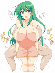 Rule 34 | 1boy, 1girl, apron, bottomless, breasts, green eyes, green hair, hetero, huge breasts, long hair, naked apron, nipple slip, nipples, open mouth, sex, simple background, straddling, sweat, text focus, translated, wedge (tyrl stride), white background