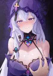 Rule 34 | 1girl, 1other, absurdres, bare shoulders, black swan (honkai: star rail), blush, breasts, elbow gloves, gloves, grabbing, grabbing another&#039;s breast, hair between eyes, highres, honkai: star rail, honkai (series), large breasts, long hair, looking at viewer, mark1019, purple gloves, purple hair, purple veil, smile, veil