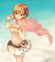 Rule 34 | 1girl, aiba yumi, bare shoulders, beach, belt, blonde hair, blush, bracelet, brown eyes, commentary, cowboy shot, earrings, floral print, flower, hair flower, hair ornament, halterneck, highres, idolmaster, idolmaster cinderella girls, idolmaster cinderella girls starlight stage, jewelry, kouzuki kei, multicolored nails, nail polish, navel, necklace, open mouth, shawl, short hair, smile, solo, swimsuit, water