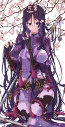 Rule 34 | absurdres, armor, bad id, bad pixiv id, bodysuit, cherry blossoms, fate/grand order, fate (series), fingerless gloves, gloves, highres, japanese armor, long hair, low-tied long hair, minamoto no raikou (fate), osanai, purple bodysuit, purple eyes, purple hair, solo, very long hair