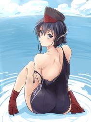 Rule 34 | 1girl, ailiner7060, asymmetrical hair, black hair, black one-piece swimsuit, blue sky, boots, brown eyes, cloud, commentary request, day, from behind, hair between eyes, hat, headphones, high heel boots, high heels, highres, horizon, i-14 (kancolle), kantai collection, looking at viewer, looking back, one-piece swimsuit, outdoors, red footwear, school swimsuit, short hair, sitting, sky, solo, swimsuit, toeless footwear, torn clothes, water