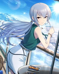 Rule 34 | 1girl, ass, bare shoulders, belt, blue sky, bracelet, breasts, brown eyes, cookie, cup, day, earrings, food, grey hair, holding, holding cup, idolmaster, idolmaster cinderella girls, jewelry, long hair, looking at viewer, low ponytail, medium breasts, official alternate costume, official alternate hairstyle, official art, pencil skirt, sidelocks, skirt, sky, sleeveless, smile, solo, sunlight, table, takamine noa, turtleneck, white skirt