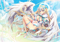 Rule 34 | adapted costume, angel, angel wings, blonde hair, blue bow, blue eyes, blue hairband, blue ribbon, bow, breasts, bridal garter, capelet, cleavage, clothing cutout, fate/grand order, fate (series), floating, full body, fur collar, geko, hair bow, hairband, halo, headpiece, high heels, jeanne d&#039;arc (fate), jeanne d&#039;arc (ruler) (fate), jeanne d&#039;arc (swimsuit archer) (fate), jeanne d&#039;arc (swimsuit archer) (third ascension) (fate), large breasts, long hair, looking at viewer, magic, navel cutout, one-piece swimsuit, platform footwear, ribbon, see-through, shoes, sky, smile, solo, swimsuit, twintails, very long hair, white footwear, white one-piece swimsuit, wings