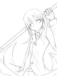 Rule 34 | 00s, 1girl, buttons, greyscale, holding, holding weapon, long sleeves, looking at viewer, maka albarn, monochrome, polearm, reitsuki kazuma, scythe, simple background, solo, soul eater, twintails, weapon, white background