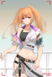 Rule 34 | 1girl, absurdres, bare shoulders, belt, black belt, brown hair, chinese commentary, collarbone, commentary request, corrupted metadata, cowboy shot, crop top, cropped jacket, dated, drop shadow, grey background, highres, jacket, long hair, looking at viewer, midriff, moeey tienan, navel, off shoulder, original, purple eyes, short sleeves, solo, standing, stomach, twintails, white jacket