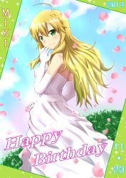 Rule 34 | 10s, 1girl, 2014, ahoge, bad id, bad pixiv id, blonde hair, dars (recolors), dated, dress, elbow gloves, from side, gloves, green eyes, happy birthday, hoshii miki, idolmaster, idolmaster (classic), long hair, looking at viewer, petals, solo, strapless, wedding dress, white dress, white gloves