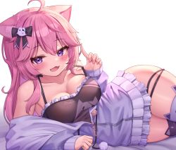 Rule 34 | 1girl, ahoge, animal ear fluff, animal ears, arm support, bare shoulders, black tank top, blush, bow, breasts, cat ears, cat girl, cat hair ornament, cleavage, collarbone, deaver, hair between eyes, hair bow, hair ornament, heart, highres, jacket, large breasts, long hair, looking at viewer, lying, medium breasts, nyatasha nyanners, nyatasha nyanners (1st costume), off shoulder, on side, open mouth, pink hair, purple eyes, purple jacket, simple background, skindentation, smile, solo, strap pull, tank top, thighhighs, thighs, virtual youtuber, vshojo, white background