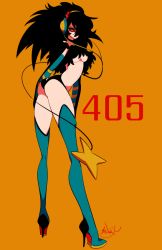 Rule 34 | 1girl, ass, black hair, boots, breasts, creatures (company), game freak, gen 4 pokemon, hair over one eye, headphones, high heel boots, high heels, long hair, luxray, medium breasts, nintendo, pokedex number, pokemon, pokemon (creature), sameyama jiro, simple background, solo, standing, thigh boots, thighhighs, underboob, yellow background, yellow eyes