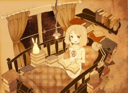 Rule 34 | 1girl, bad id, bad pixiv id, bed, bedroom, blanket, blonde hair, book, bookshelf, curtains, dress, indoors, interior, kacchuu, lamp, open book, original, pillow, reading, room, smile, solo, white dress, window