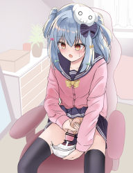 Rule 34 | 1boy, absurdres, blue hair, blush, censored, chair, crossdressing, cum, ejaculation, fang, highres, indoors, inuyama tamaki, long hair, male focus, masturbation, meronlime, noripro, open mouth, penis, red eyes, skin fang, skirt, solo, sweatdrop, thighhighs, tissue, trap, virtual youtuber, yellow eyes